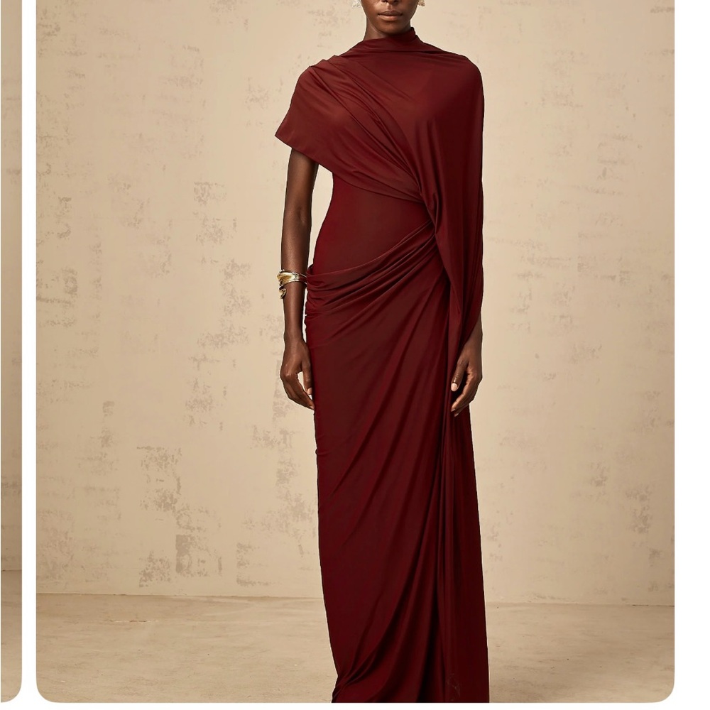 Asymmetrical draped cape and dress in burgundy